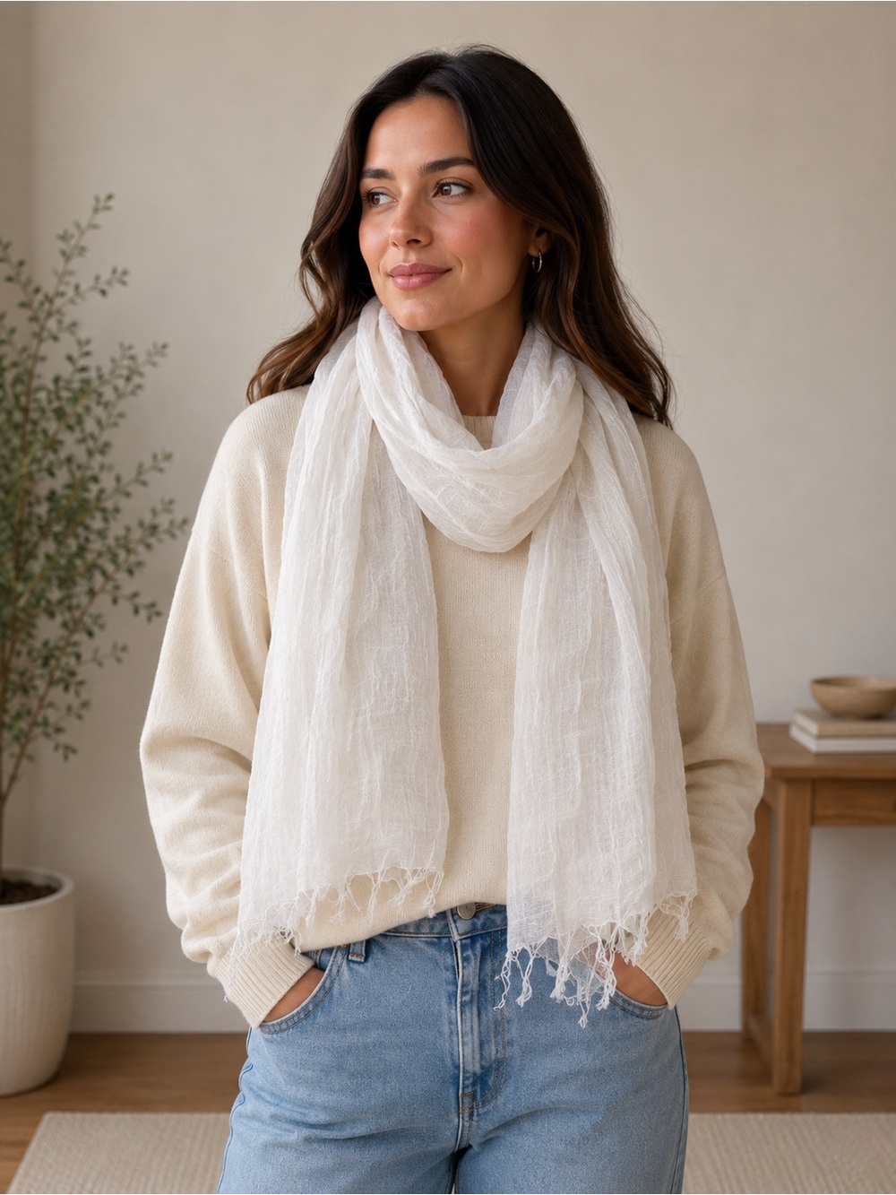 Lightweight White Fringe Scarf
